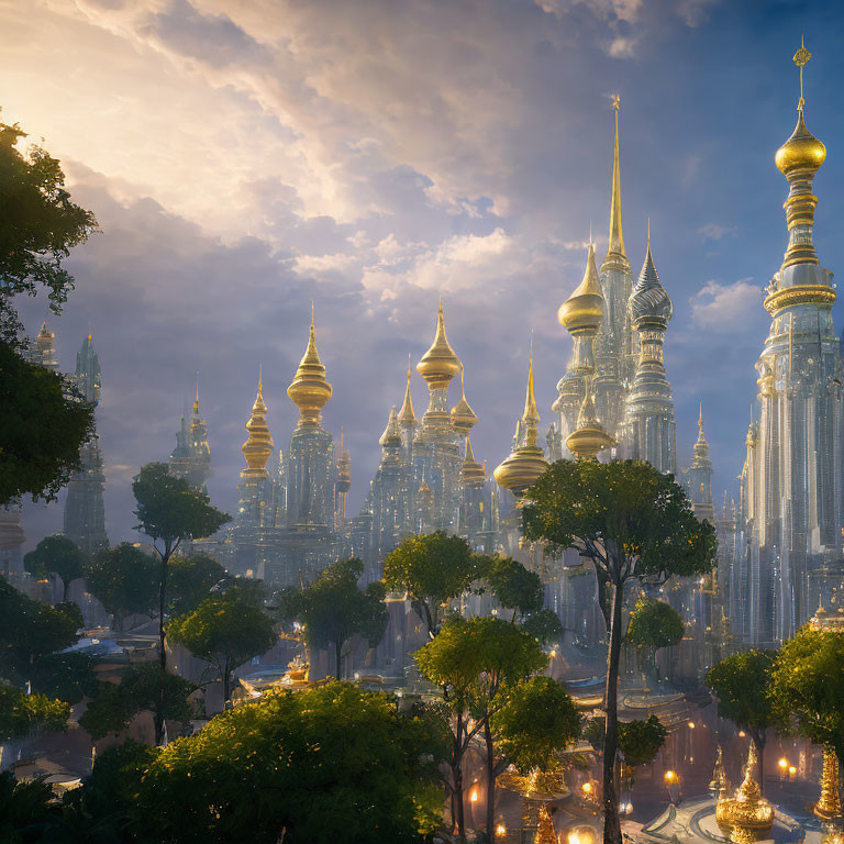 Fantastical cityscape with ornate spires and golden domes at dawn or dusk