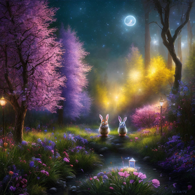 Rabbits by lantern on path with blossoming trees under starry sky