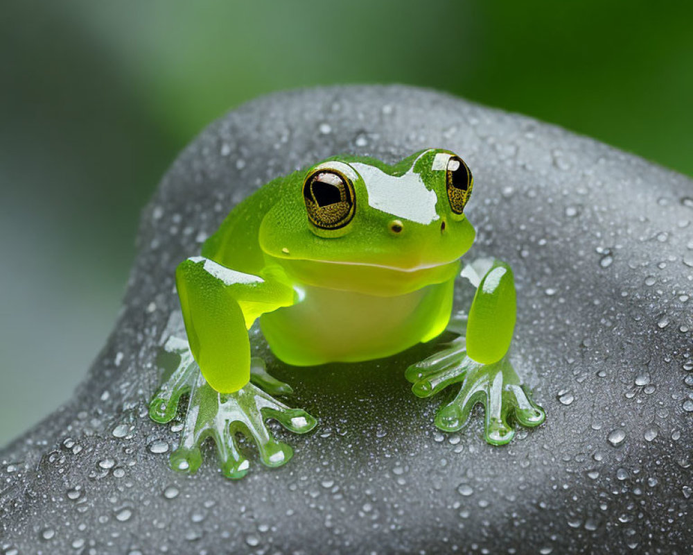 Vibrant Green Frog with Striking Eyes on Dew-Speckled Rock