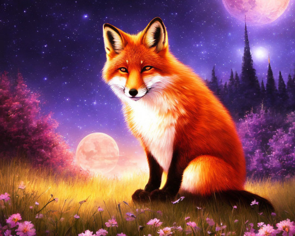 Vibrant fox in fantasy meadow under starry sky with two moons