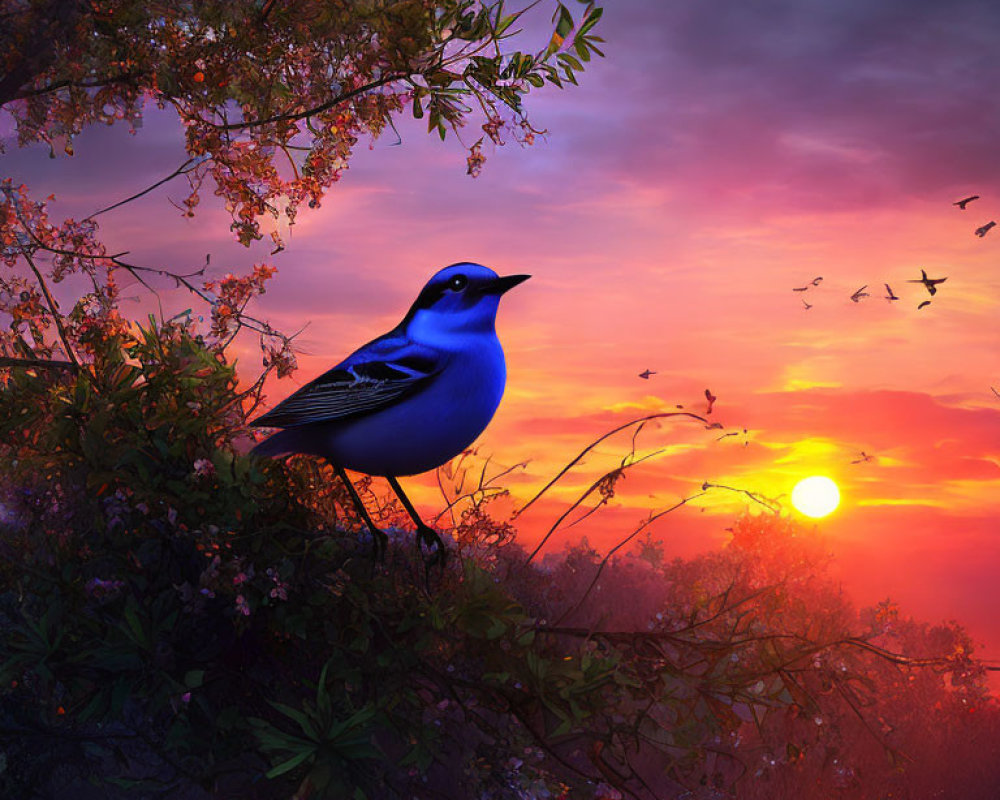 Vivid Blue Bird on Flowering Branch at Sunset Sky