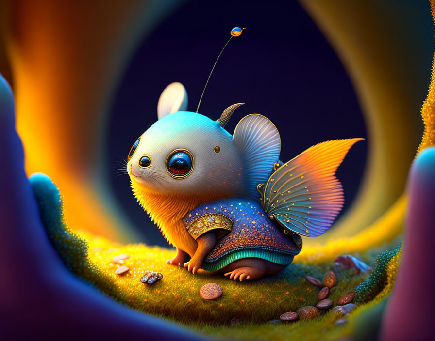 Whimsical creature with big eyes and butterfly wings in fantasy landscape