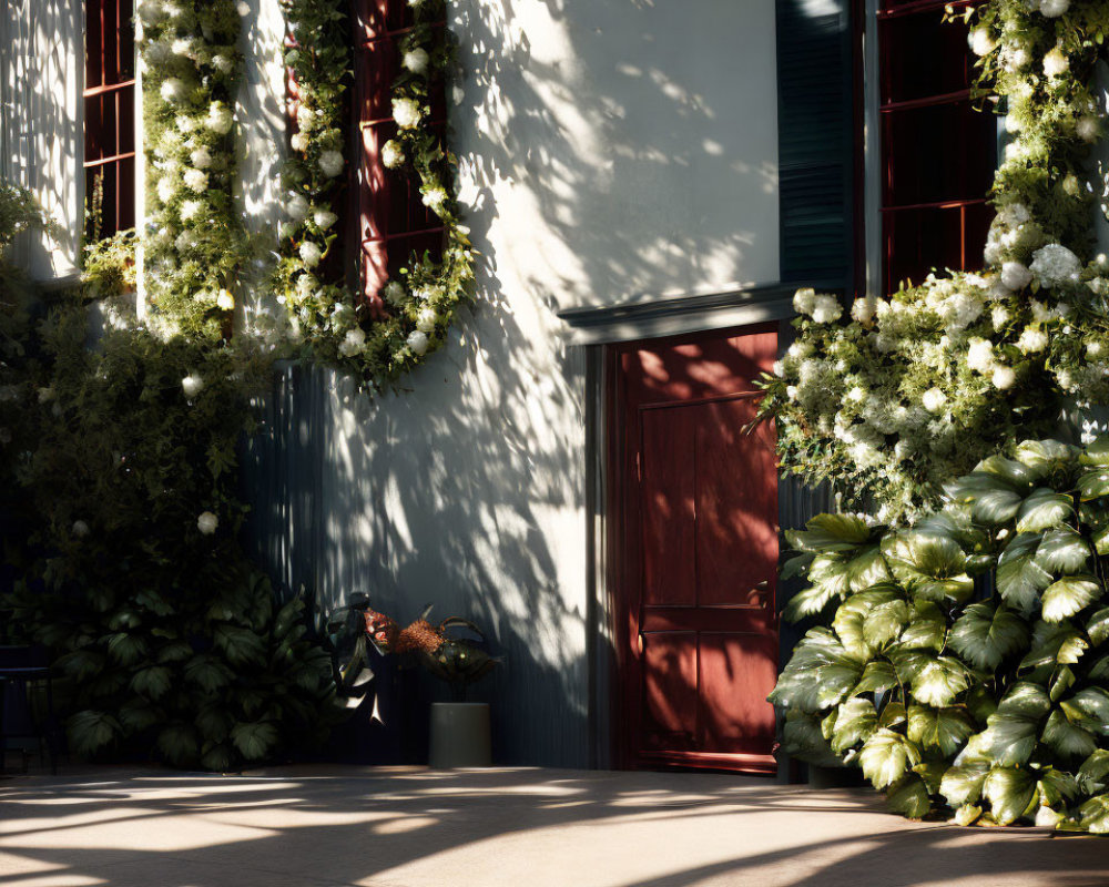 Tranquil courtyard with greenery, flowers, and sunlight shadows