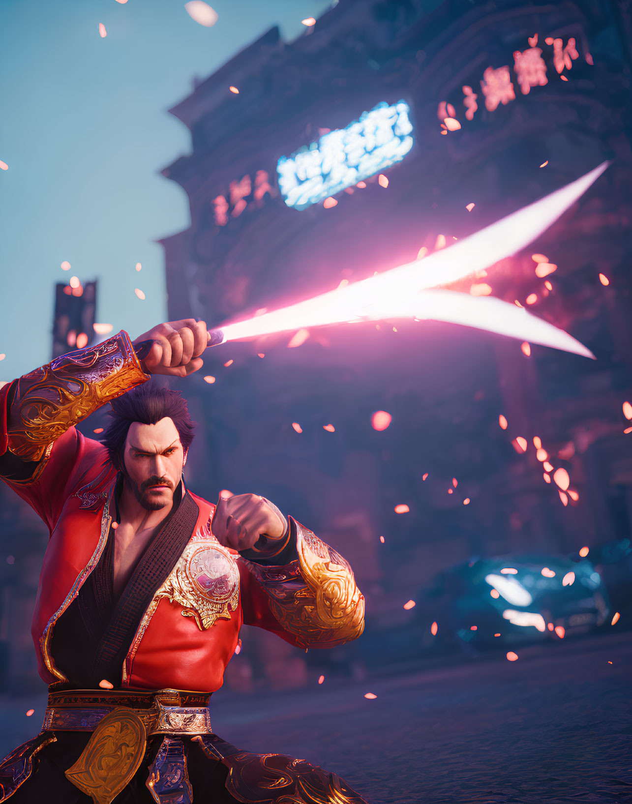 Bearded character in Asian attire wields glowing sword among embers and neon signs.