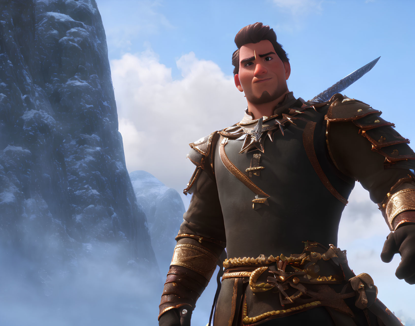 Animated character in armor with sword against misty mountain backdrop