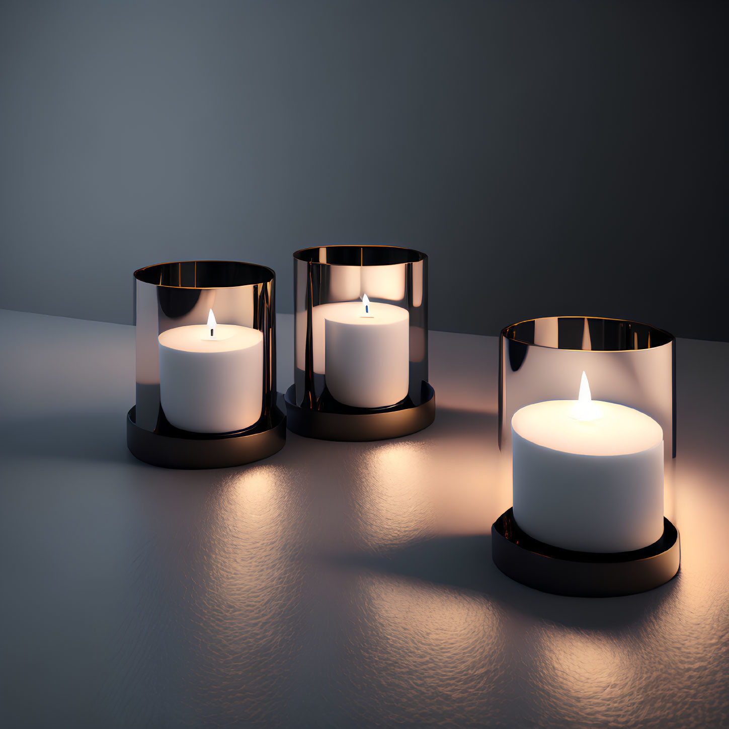 Three Lit Candles in Glass Holders Casting Soft Glow on Textured Surface