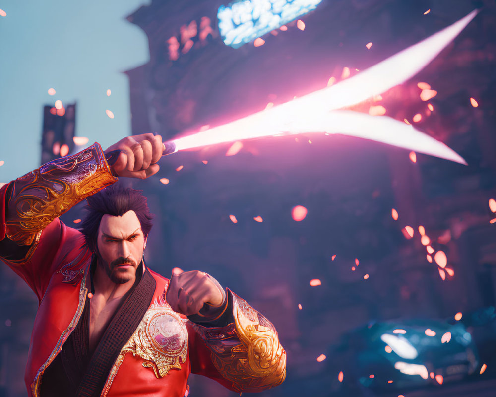 Bearded character in Asian attire wields glowing sword among embers and neon signs.