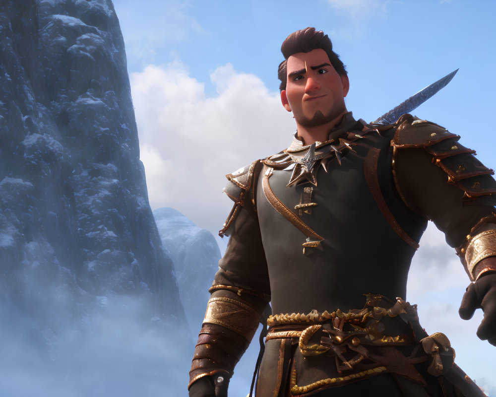 Animated character in armor with sword against misty mountain backdrop