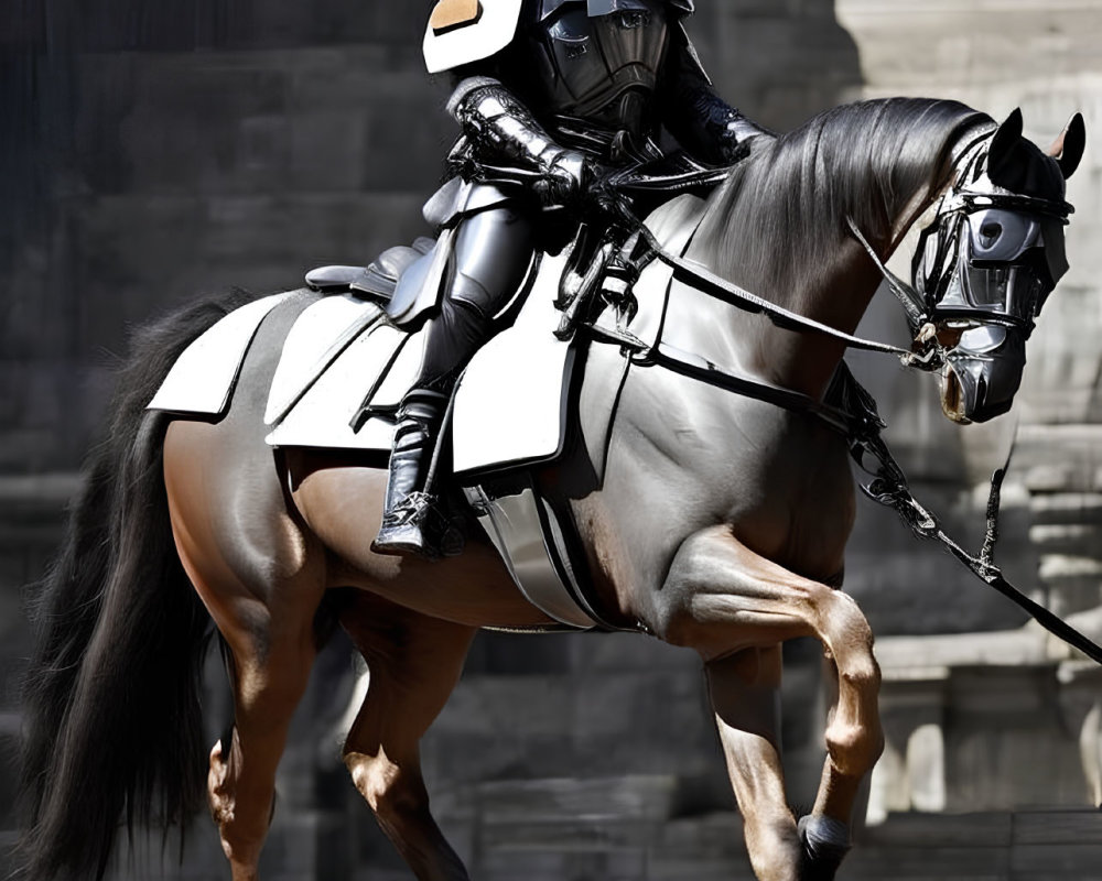 Medieval knight in full armor riding horse against stone wall.