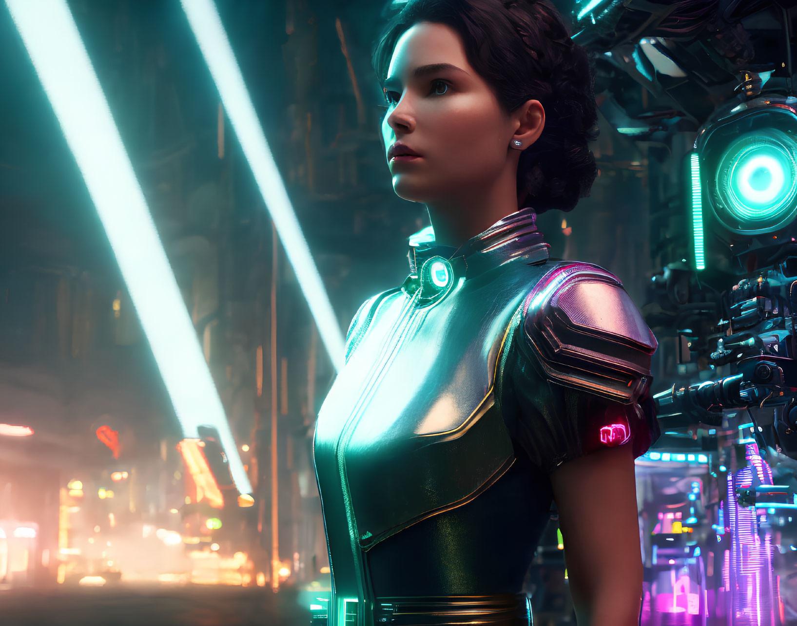 Futuristic armored woman in neon-lit sci-fi scene