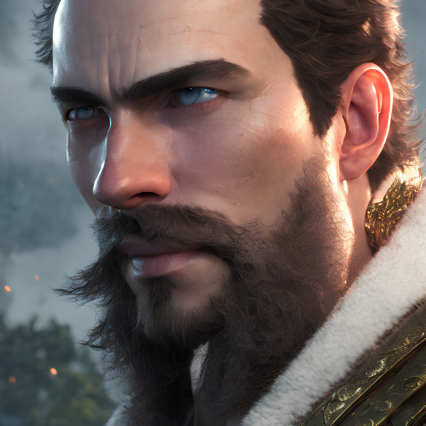 Detailed digital artwork of man with dark beard and blue eyes