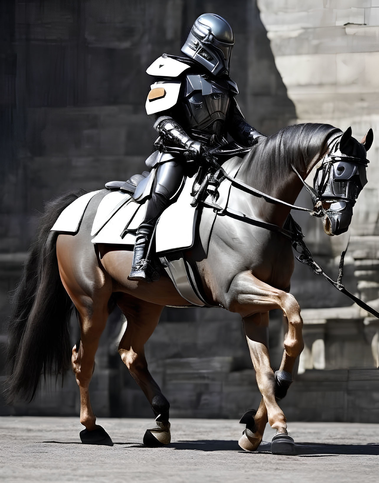 Medieval knight in full armor riding horse against stone wall.