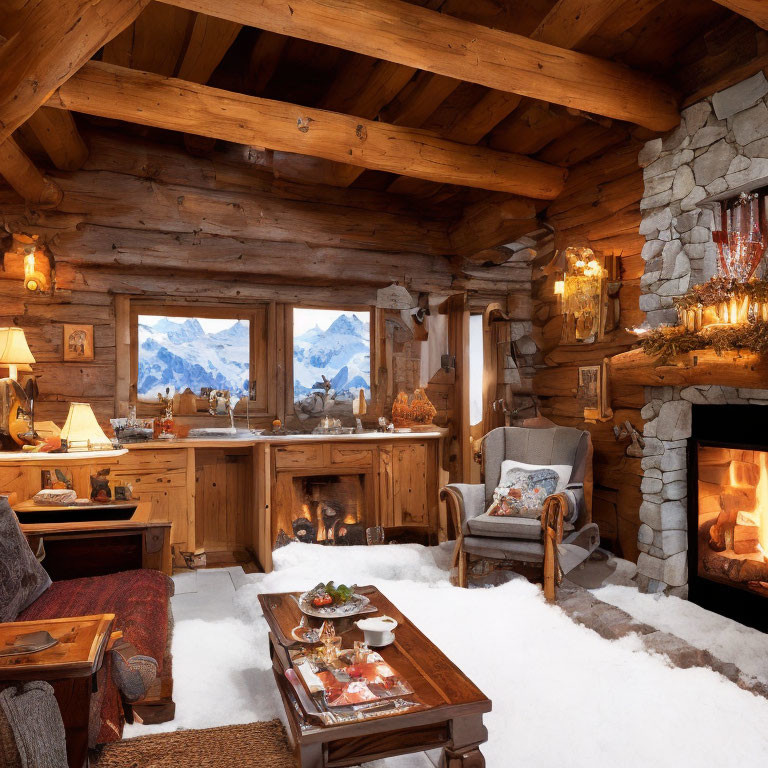 Rustic mountain cabin interior with wooden beams, stone fireplace, comfortable furniture, snowy peak view