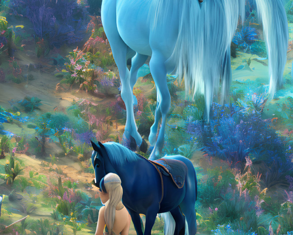 Ethereal blue and black horses with blonde girl in desert landscape