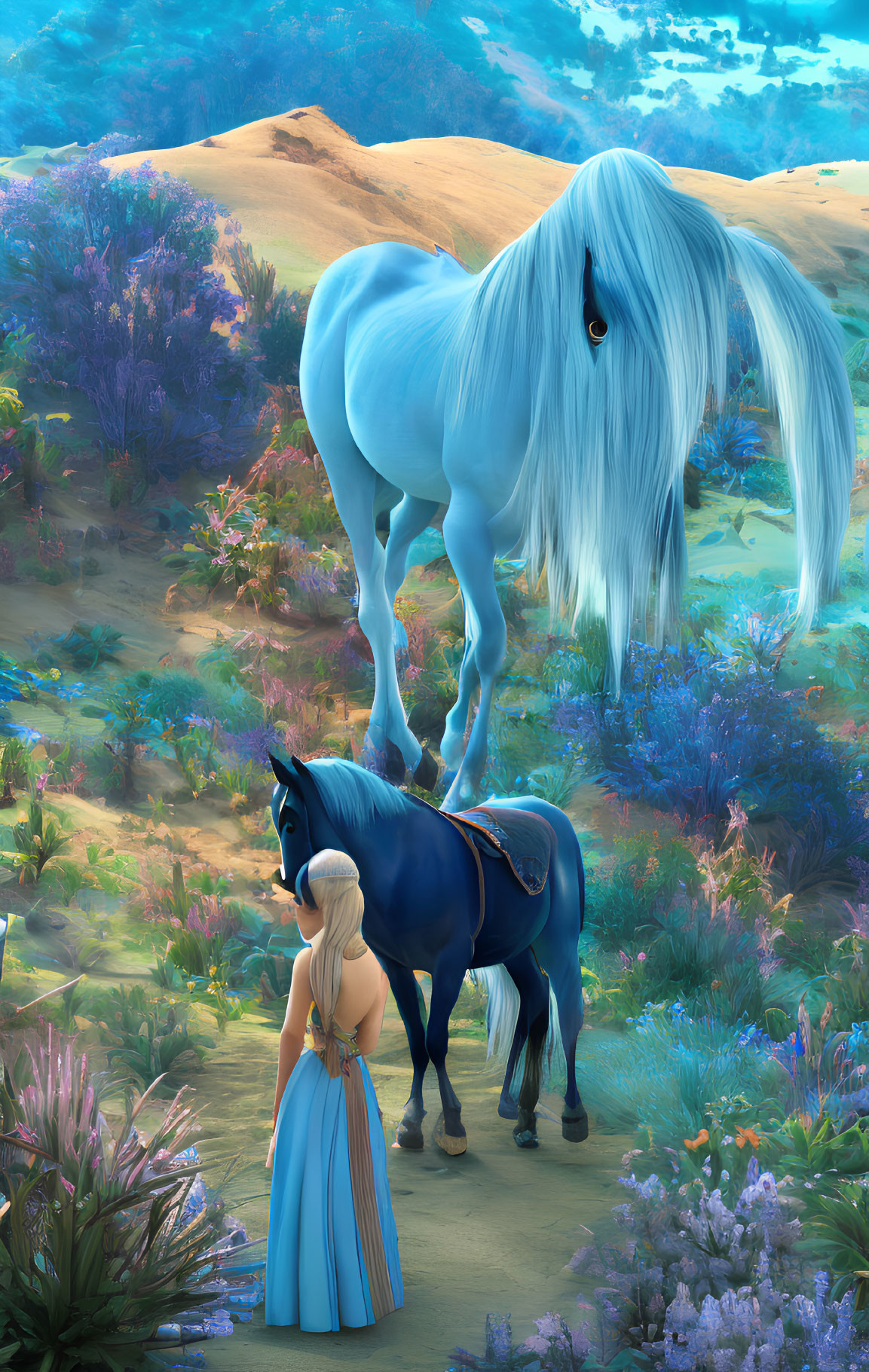 Ethereal blue and black horses with blonde girl in desert landscape