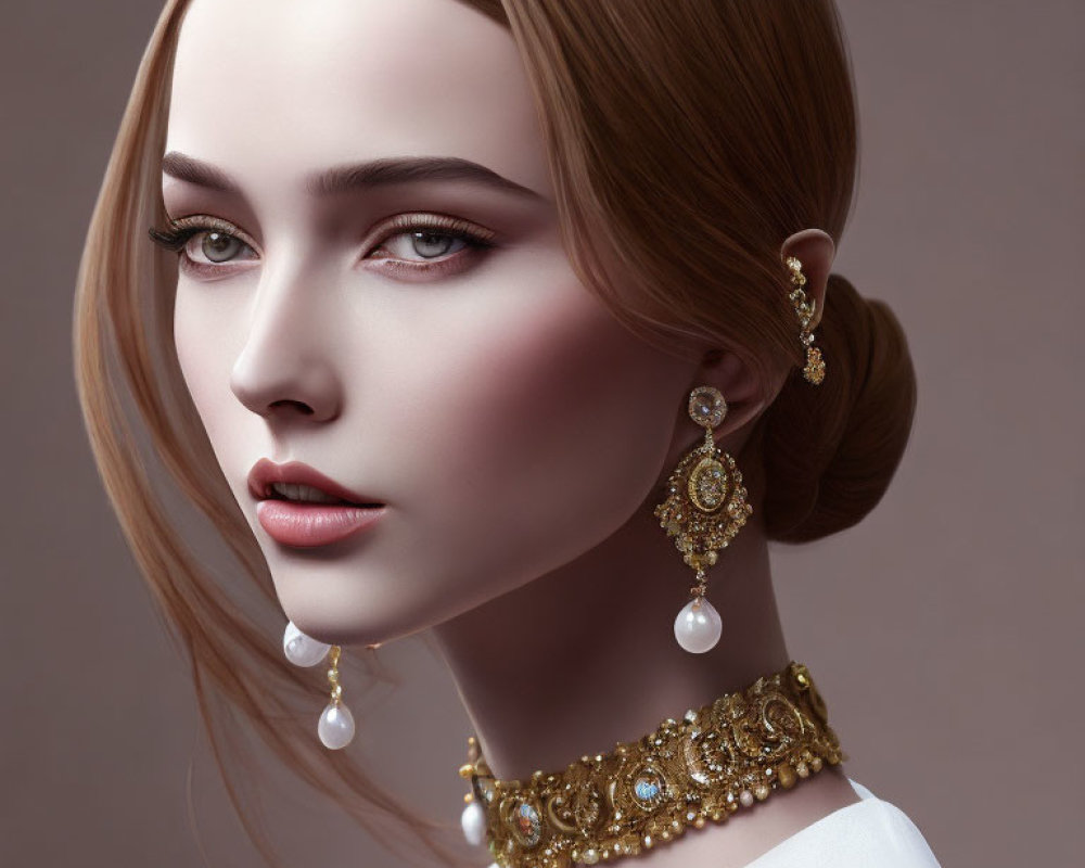 Woman's portrait with pearl earrings, golden jewelry, styled hair, and subtle makeup