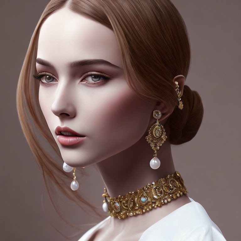 Woman's portrait with pearl earrings, golden jewelry, styled hair, and subtle makeup