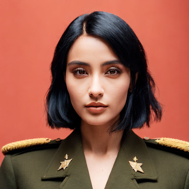 Dark Bobbed Hair Woman in Military Jacket on Red Background