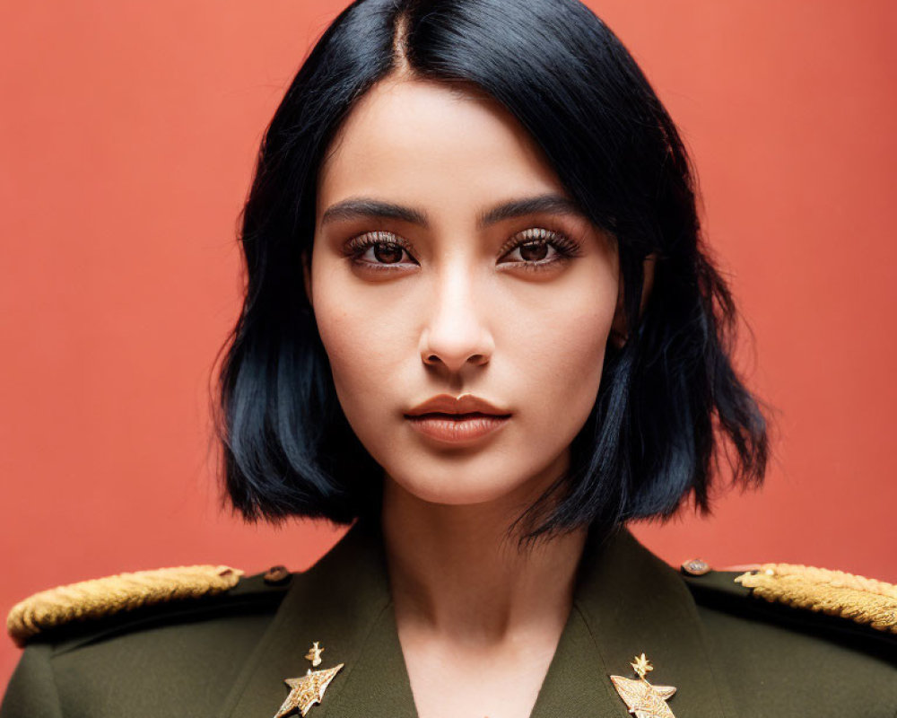 Dark Bobbed Hair Woman in Military Jacket on Red Background