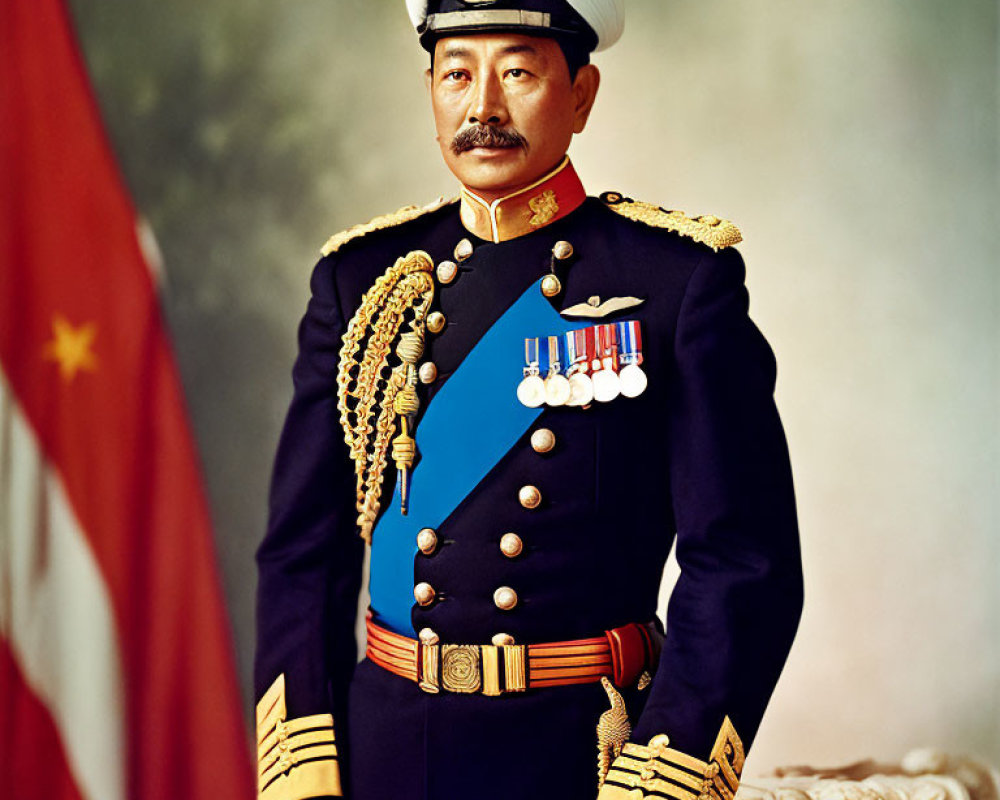 Military Uniformed Man with Medals Standing Before Flag