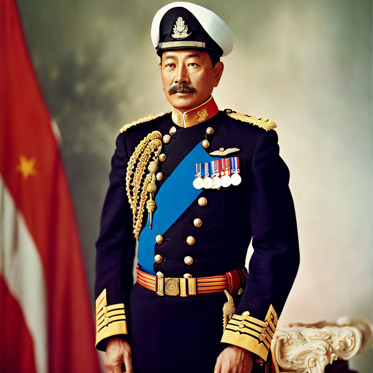 Military Uniformed Man with Medals Standing Before Flag