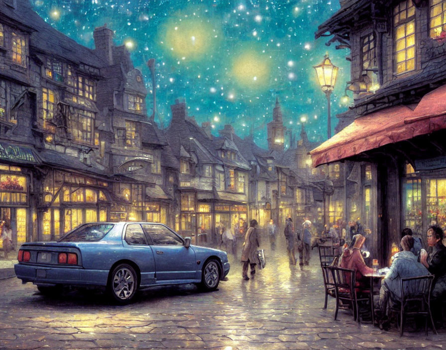 Illustration of quaint street at dusk with people, old car, outdoor seating, streetlights, star