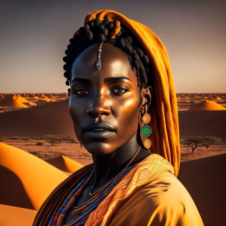 Portrait of Woman with Intricate Braids and Orange Headscarf in Desert Setting