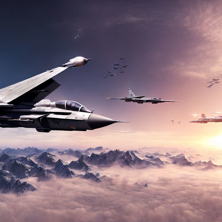 Fighter Jets Over Cloudy Mountains with Futuristic Skyline