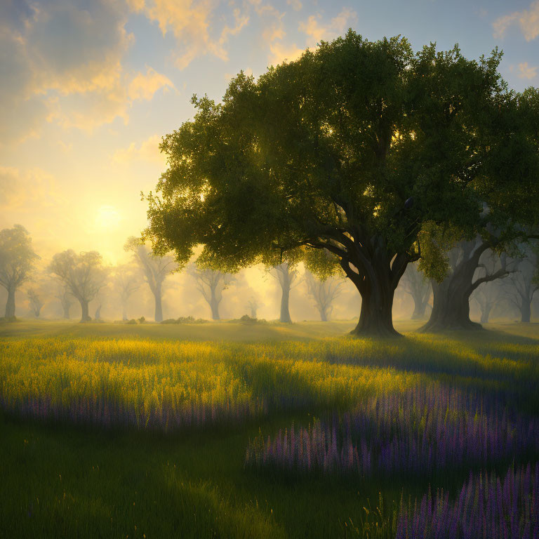 Majestic trees in serene sunrise landscape with purple flowers