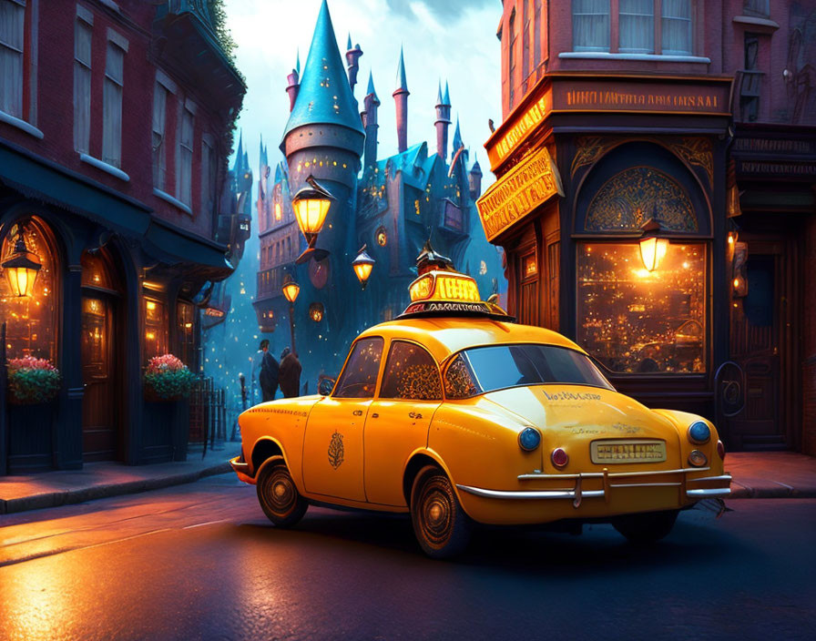 Yellow vintage taxi parked on cobblestone street at dusk with castle-like building in background