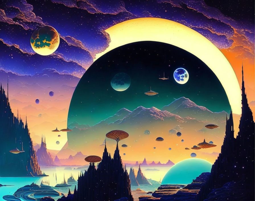 Vibrant Sci-Fi Landscape with Moon, Planets, Spaceships, and Alien Terrain