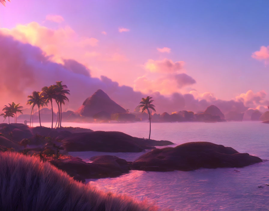 Purple Skies Sunset Tropical Landscape with Palm Trees and Ocean