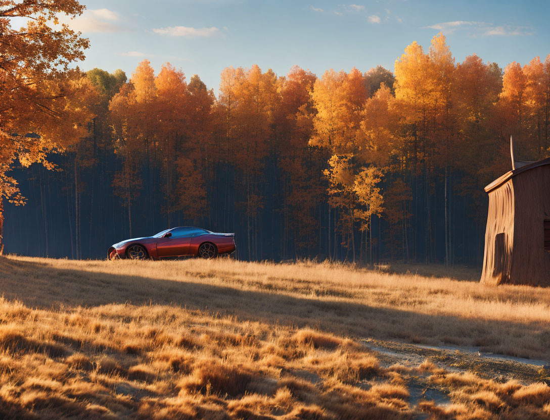 Red sports car parked near wooden barn in autumn landscape