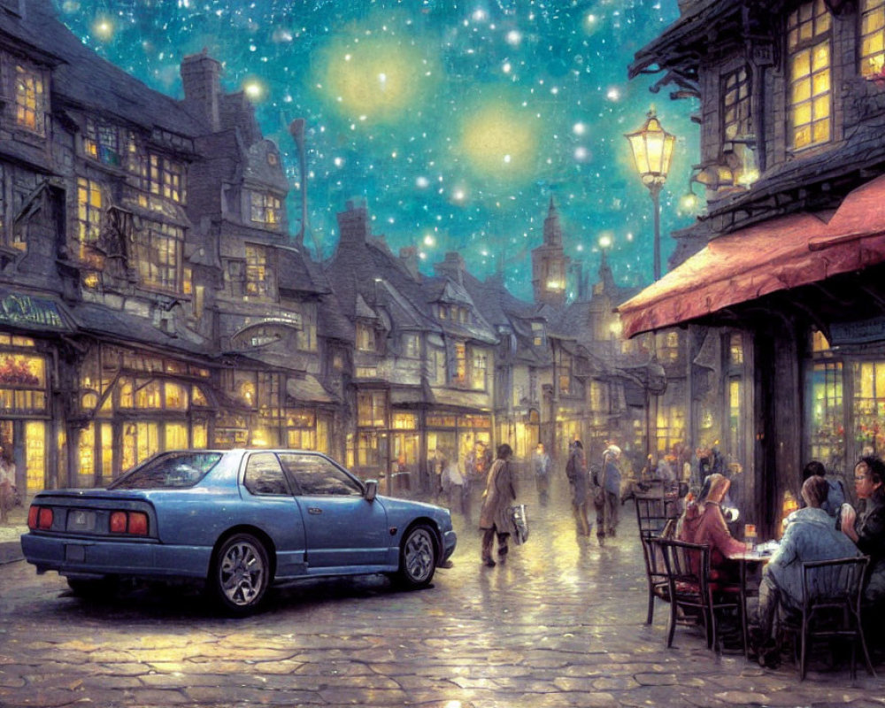 Illustration of quaint street at dusk with people, old car, outdoor seating, streetlights, star