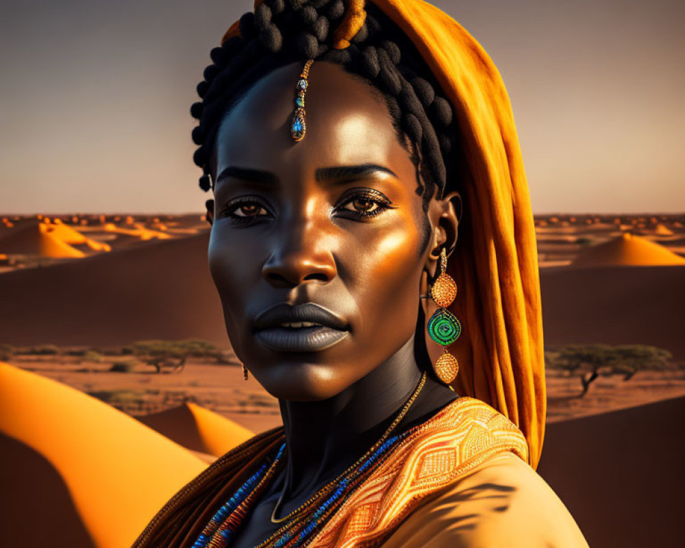 Portrait of Woman with Intricate Braids and Orange Headscarf in Desert Setting