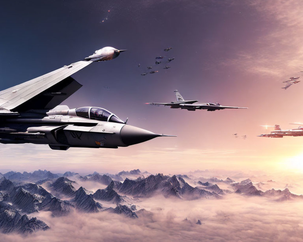 Fighter Jets Over Cloudy Mountains with Futuristic Skyline