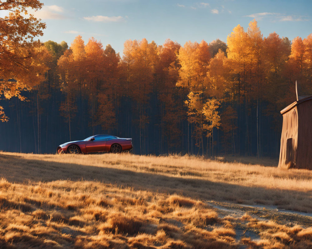 Red sports car parked near wooden barn in autumn landscape