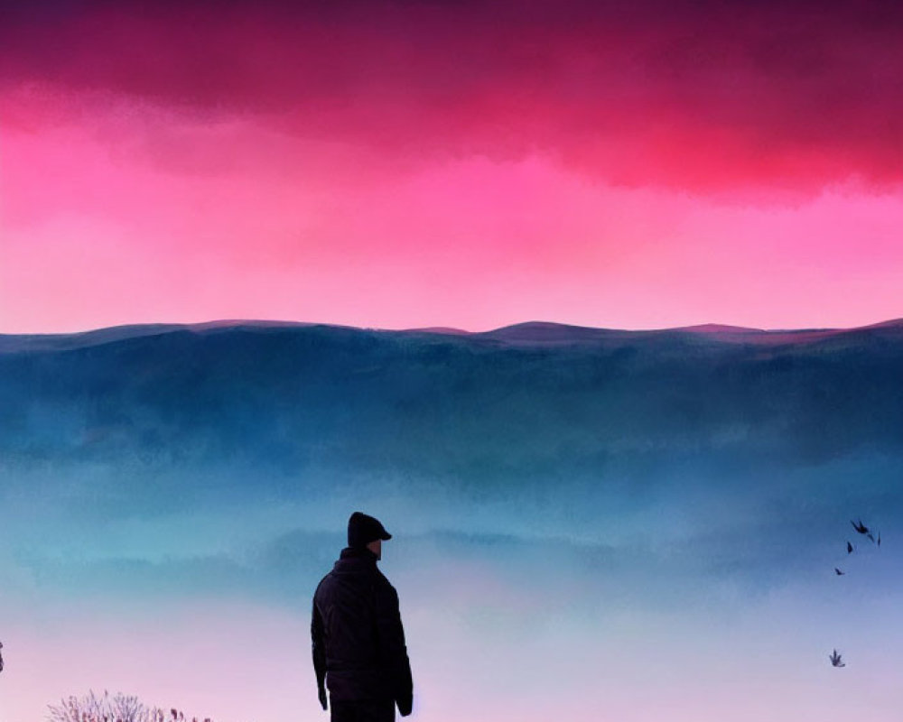 Person silhouette against pink dusk sky over blue mountains and tree.