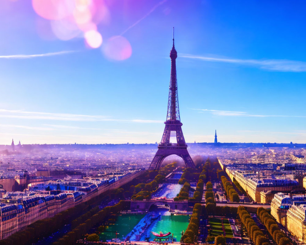 Eiffel Tower in Sunlight with Blue Skies and Cityscape View