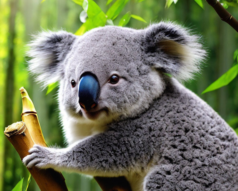 Koala on Bamboo Branch Among Green Foliage