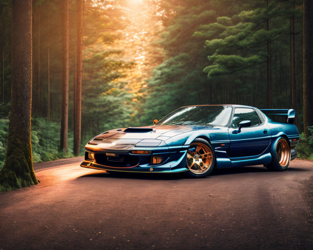 Custom blue sports car on forest road at sunset with sunlight rays.