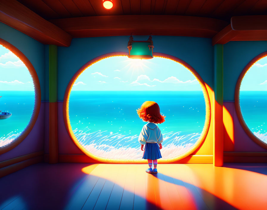 Child in Circular Windowed Room on Ship Looking at Calm Sea