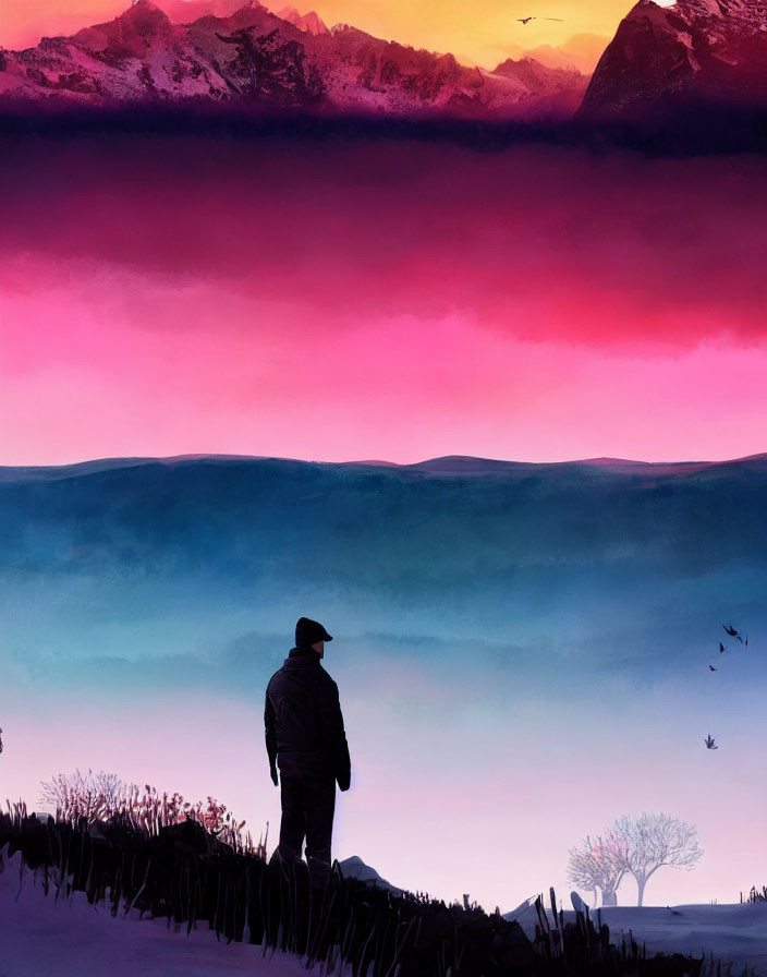 Person silhouette against pink dusk sky over blue mountains and tree.