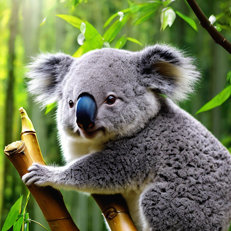 Koala on Bamboo Branch Among Green Foliage