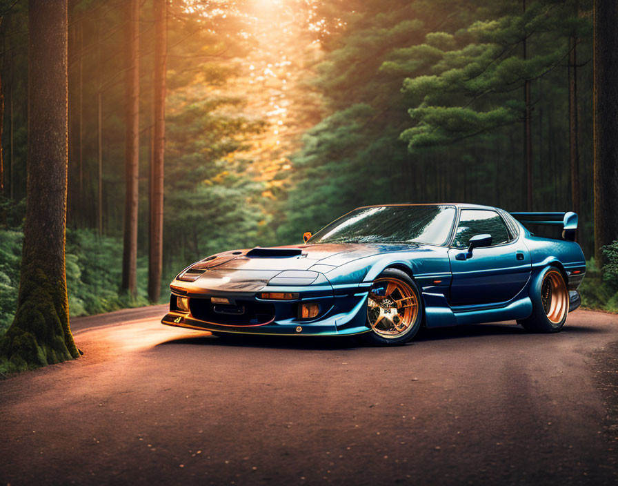 Custom blue sports car on forest road at sunset with sunlight rays.