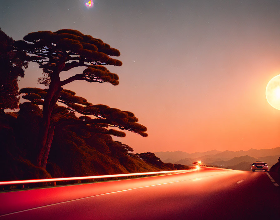 Highway at Dusk with Surreal Moonrise, Silhouetted Pine Tree, and Vehicle