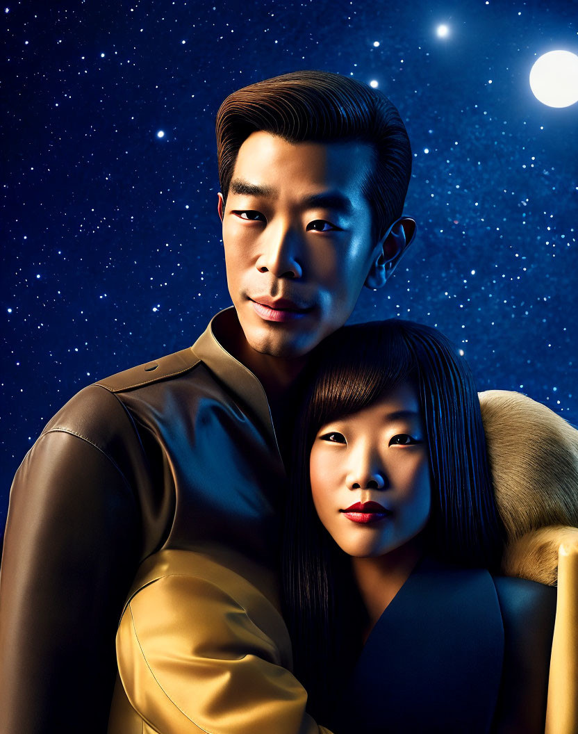 Asian couple in brown & black outfits under starry night sky