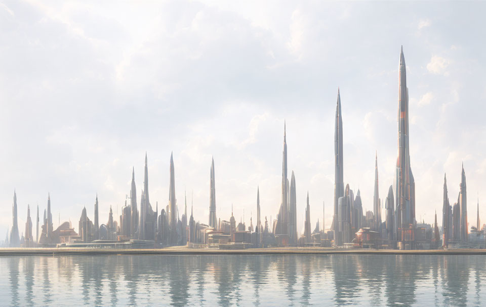 Futuristic city skyline with tall spires reflected in calm water