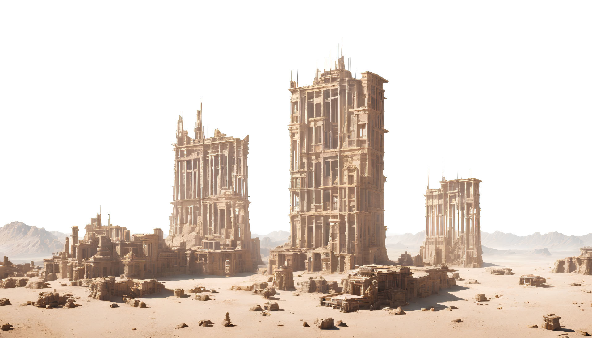 Dilapidated skyscrapers in futuristic desert city