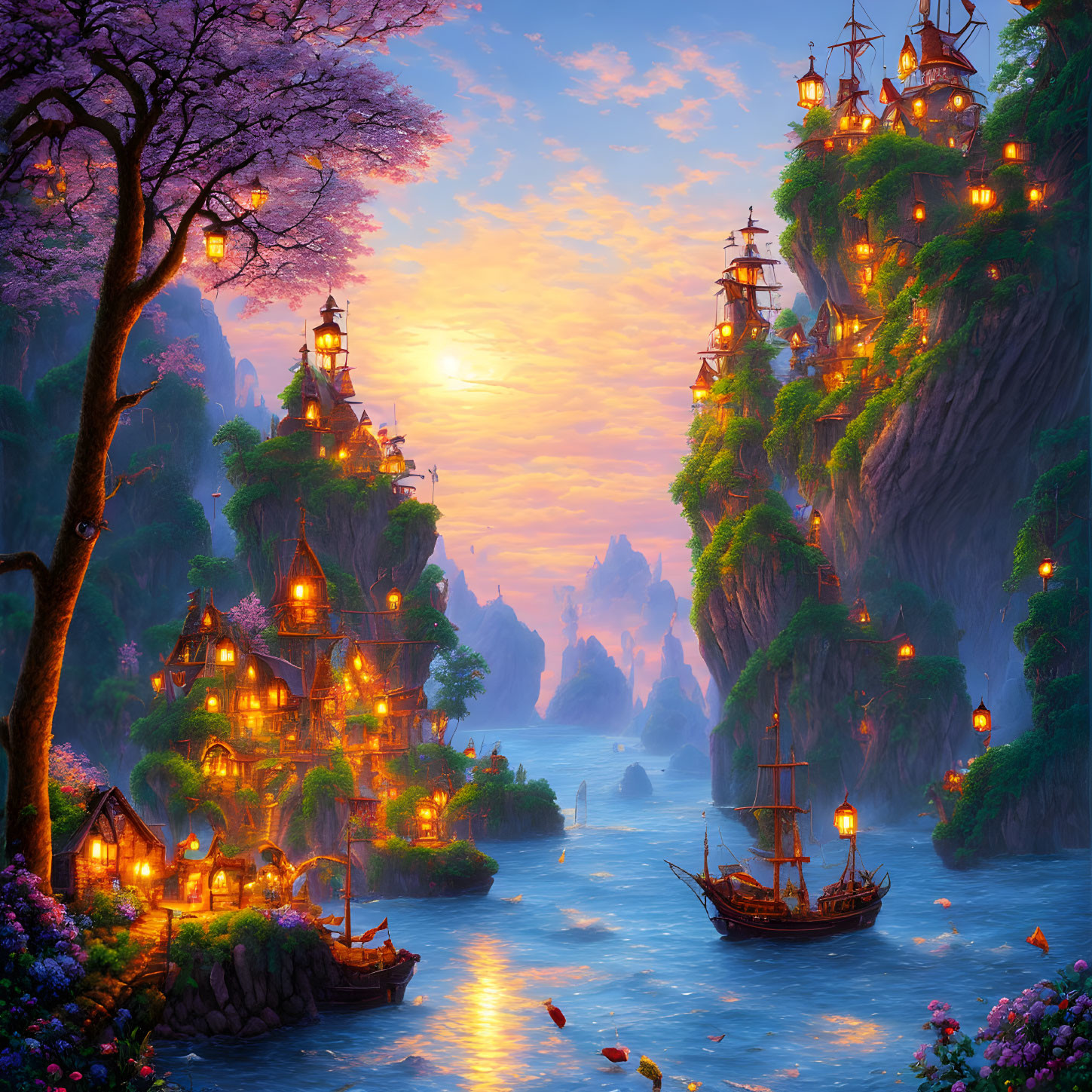 Fantasy sunset seascape with ship, illuminated houses, blooming trees, and lanterns